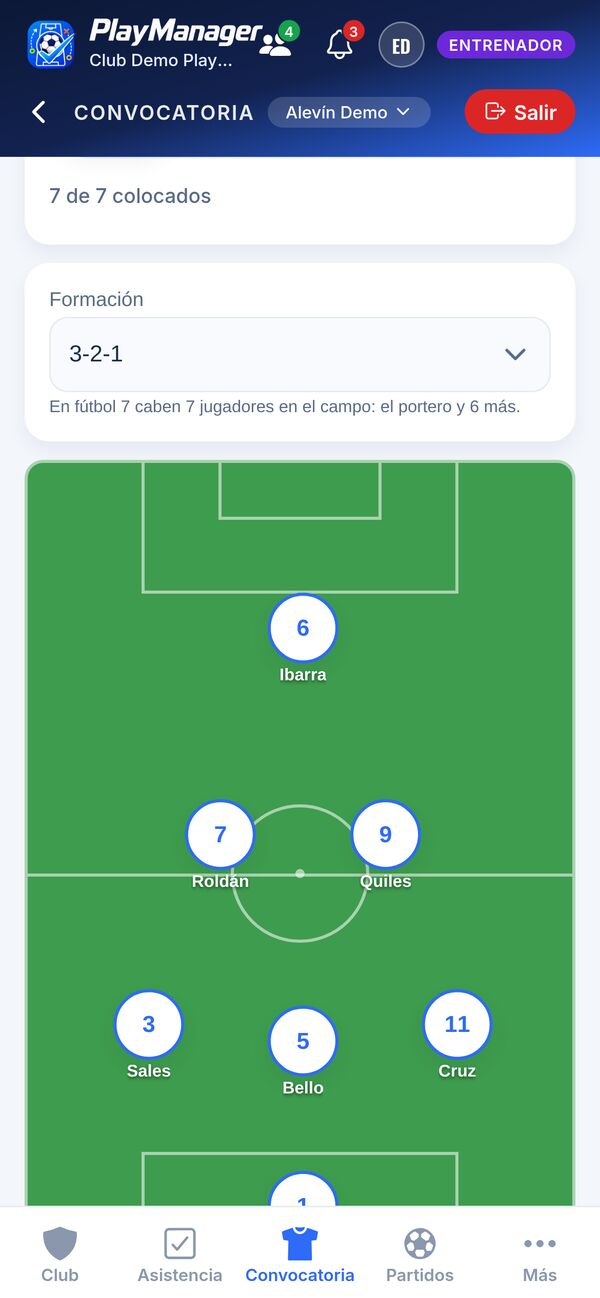 Alineación en formación 3-2-1 con los siete jugadores colocados sobre el campo