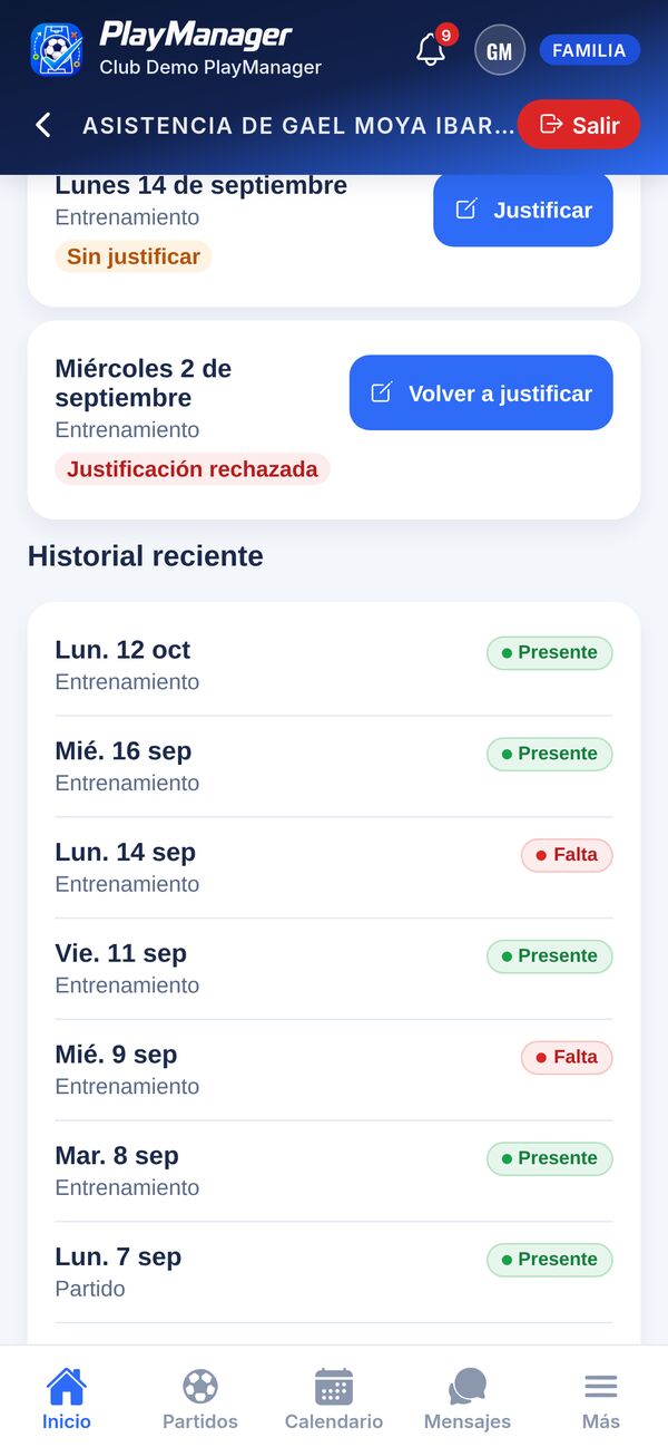 Asistencia del hijo: faltas pendientes de justificar con el botón Justificar e historial de entrenos