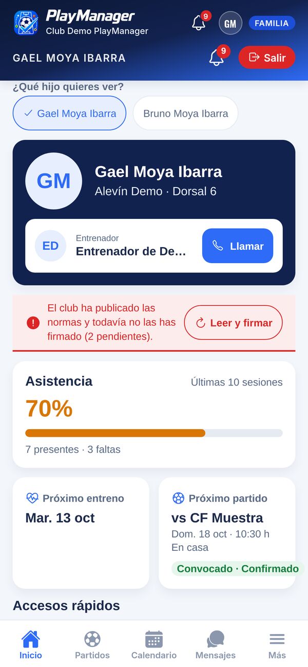 Panel de la familia: el entrenador con botón de llamada, la asistencia del hijo, el próximo entreno y el próximo partido