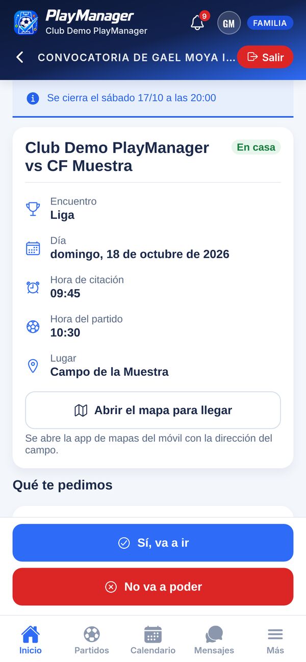 Pantalla de la familia con los datos del partido y los botones «Sí, va a ir» y «No va a poder»