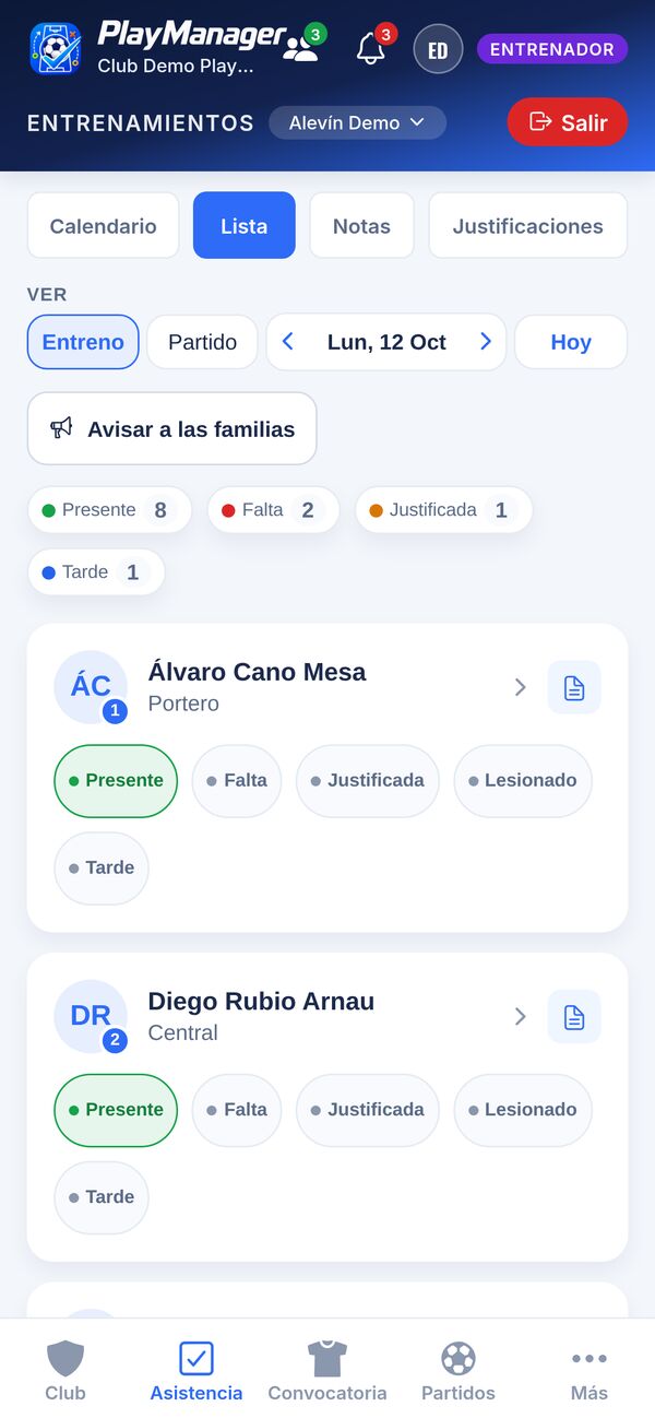 Lista del entreno del lunes: cada jugador con sus botones Presente, Falta, Justificada, Lesionado y Tarde, y el recuento arriba