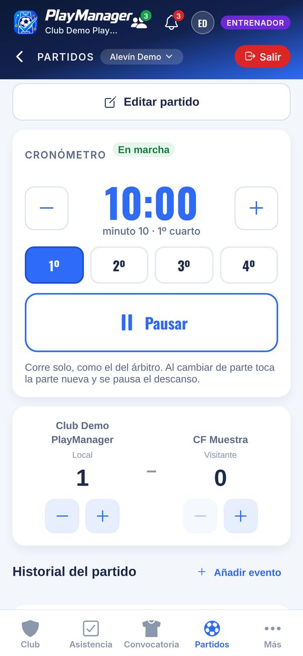 Partido en directo: cronómetro en marcha en el minuto 10 del primer cuarto y marcador 1 a 0